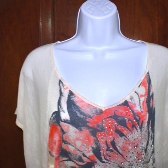 Womens Floral Blouse Size Small Semi Sheer Bat Wing Short Sleeve Shirt - Picture 10 of 16